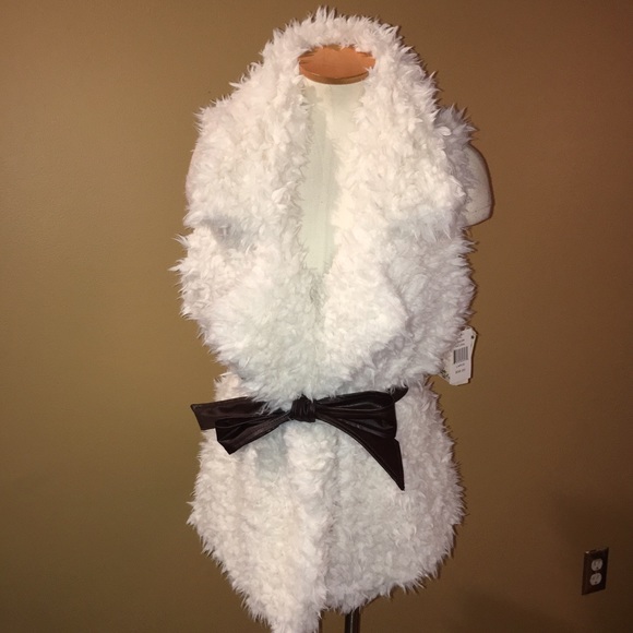 Off white faux fur vest with brown leather tie