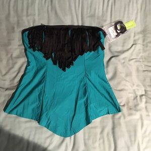 teal tube top tankini with black fringe