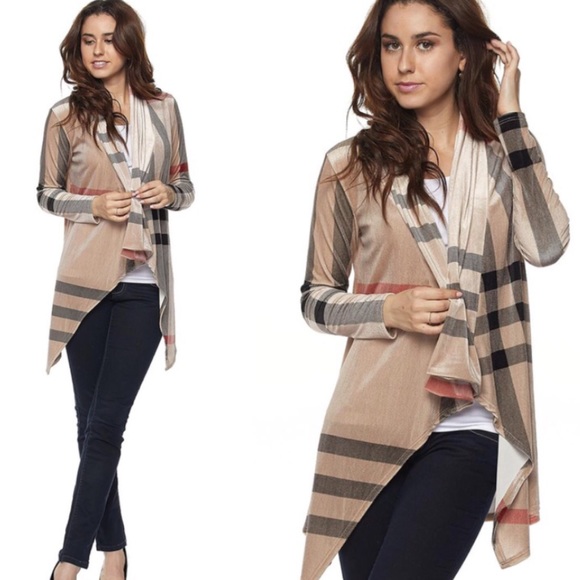 Sweaters - Last 1! S-L Velvet Taupe Plaid Cardigan