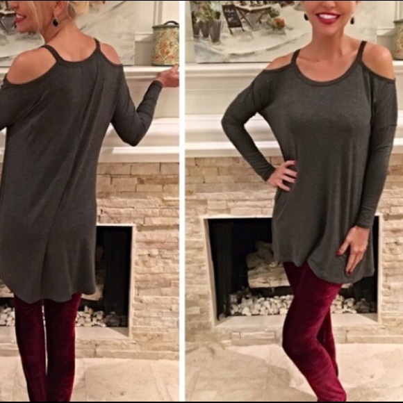 CHARCOAL GREY COLD SHOULDER TUNIC - Picture 2 of 4