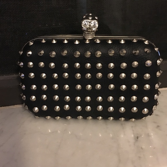 Handbags - Black & Silver Studded Skull Clutch