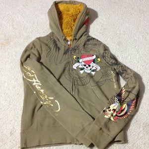 ED HARDY LOVE KILLS SLOWLY HOODIE WITH FUR HOOD