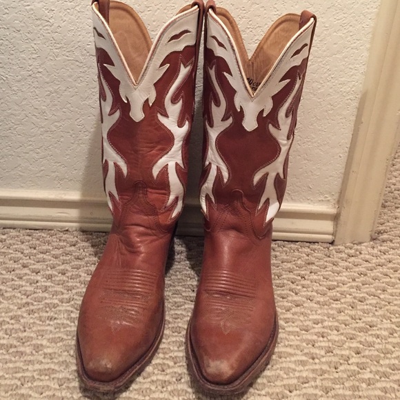 Brown and white leather cowboy boots
