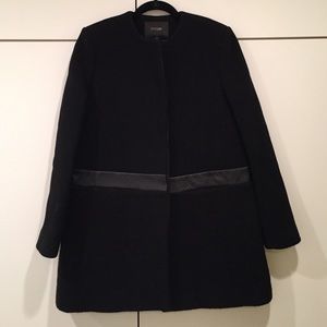 Maje black wool coat with leather trim detail