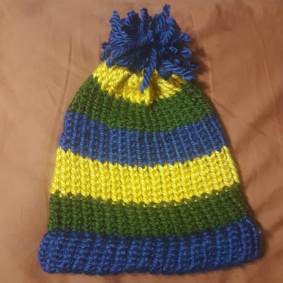 Striped Beanie with fluff puff