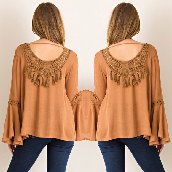 Tops - LAST ONE Bell Sleeve Tassel Back Top - Rust