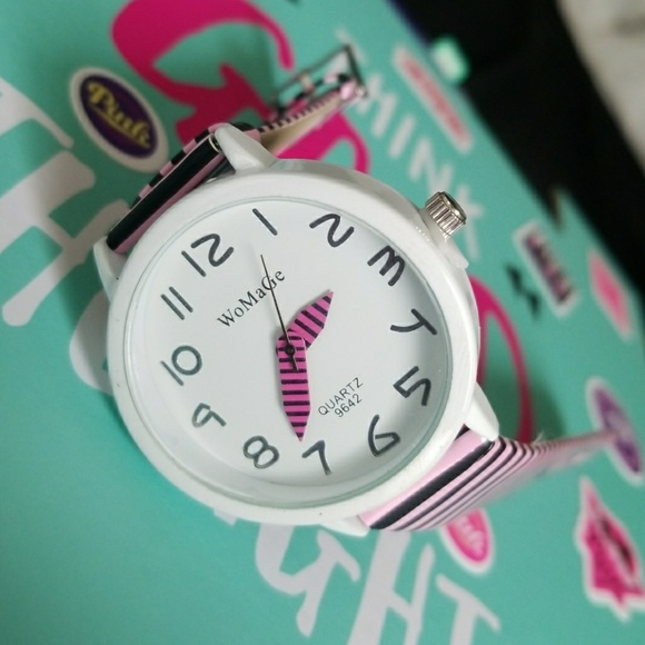 WoMaGe Accessories - New Pink, Black Stripes Tie Style White Watch