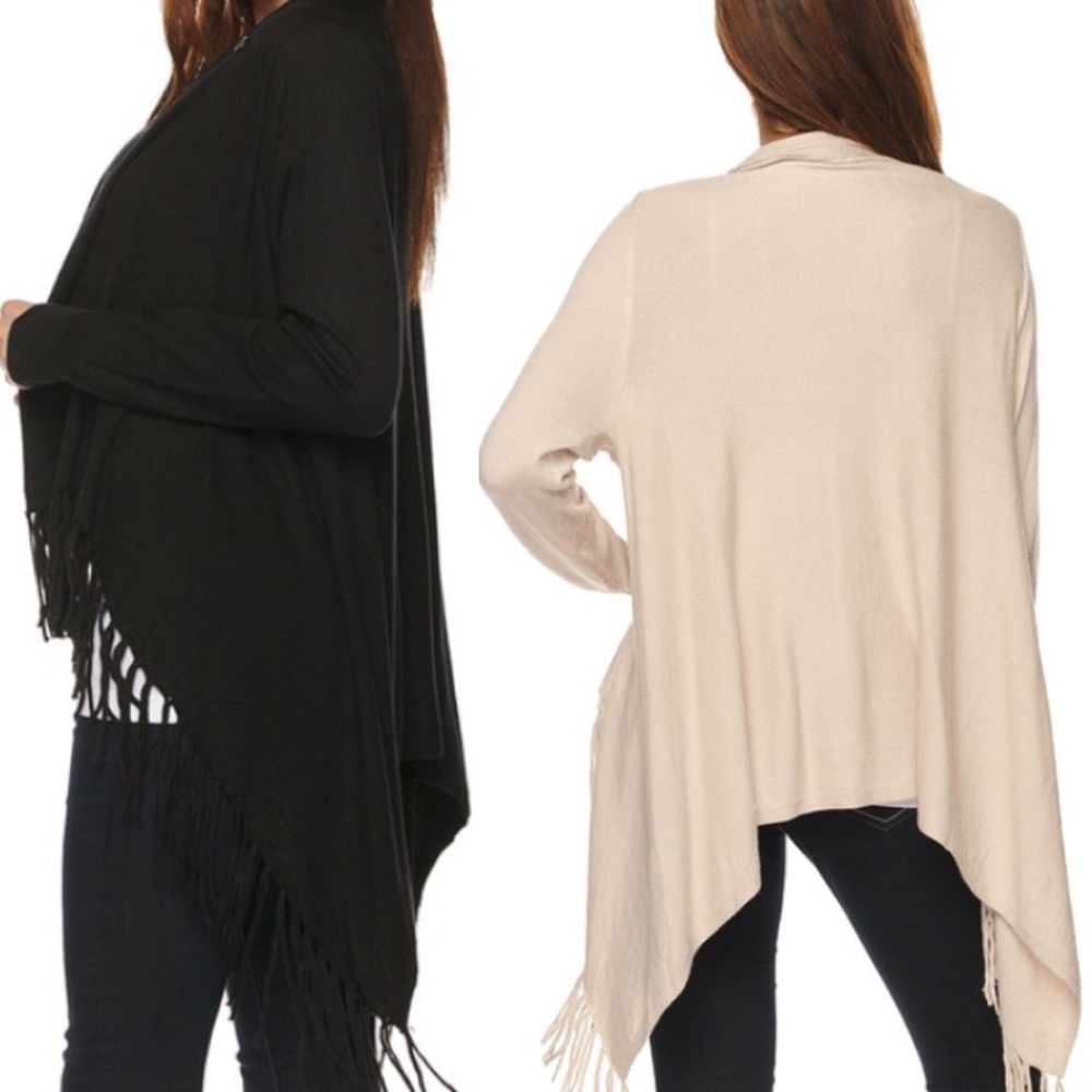 S-L Boho Fringe Draped Cardigan- Black - Picture 2 of 4