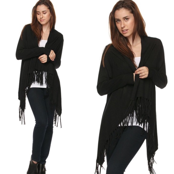 Sweaters - S-L Boho Fringe Draped Cardigan- Black