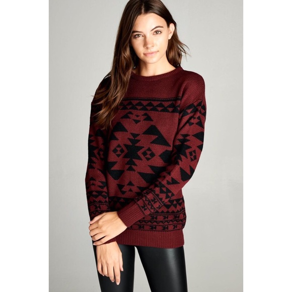 1 LEFT❣️Burgundy Tribal Jacquard Sweater