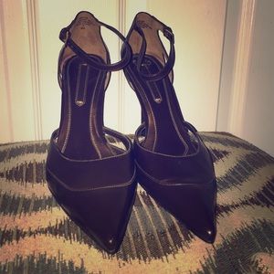 Brown pointy-toe pencil heels