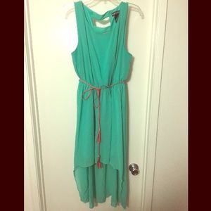 Teal high-low dress w/ cut-out back/pink belt