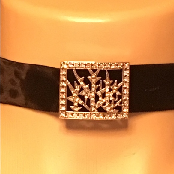 Choker Black Velvet band/CZs/genuine silver