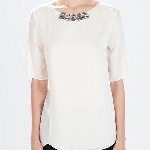 Zara Basic Cream Top w Jewel Neckline