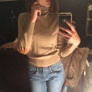 Camel turtleneck sweater with elbow patches