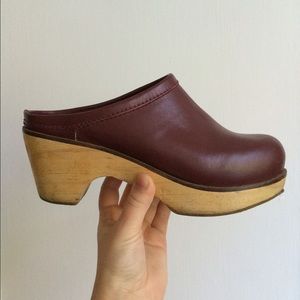 Vintage Oxblood Leather Wooden Clogs
