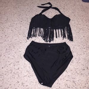 Fringe bathing suit with high waisted bottoms