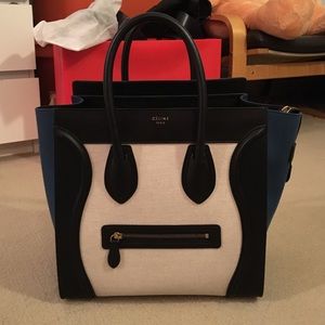 Celine Mini Luggage in Metallic blue.