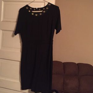Black leather neck trim dress