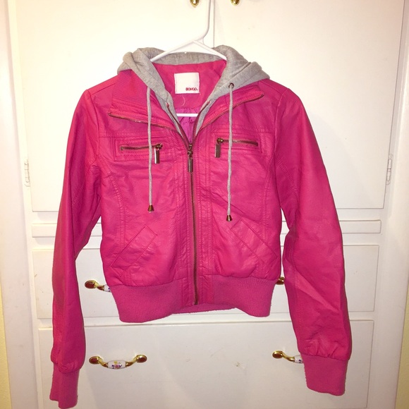 Pink and gray girls faux leather hooded jacket