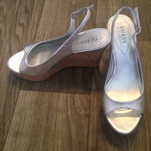 Silver cork wedges open toe sling back
