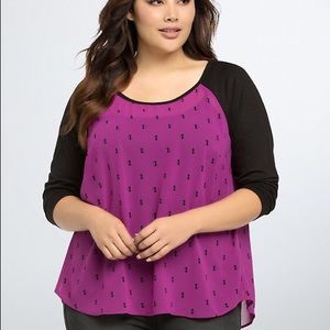 Torrid Cat Print Chiffon Raglan Purple Top