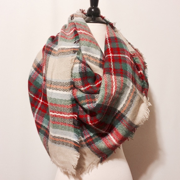Silk & Pashmina Blanket Scarf - Tan Red Plaid - Picture 2 of 4