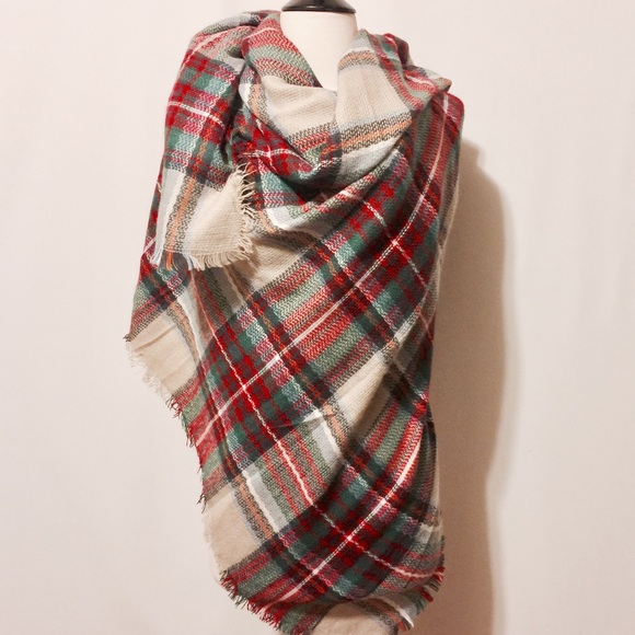 Silk & Pashmina Blanket Scarf - Tan Red Plaid - Picture 3 of 4
