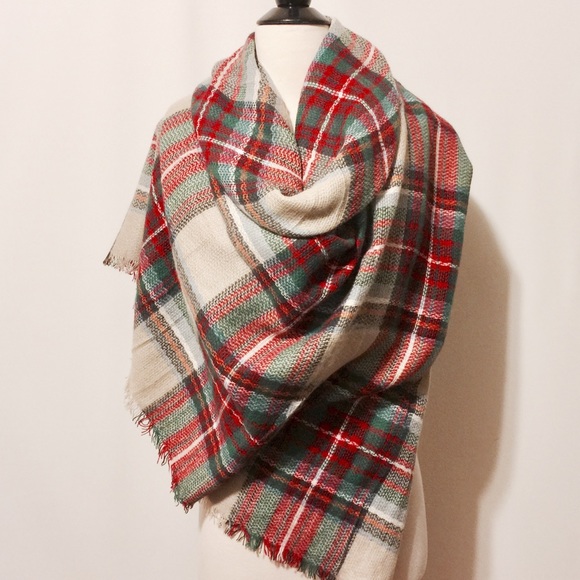 Silk & Pashmina Blanket Scarf - Tan Red Plaid - Picture 4 of 4