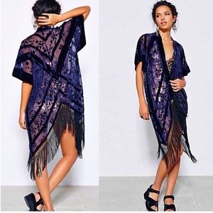 Ecote Velvet Kimono With Fringe Trim