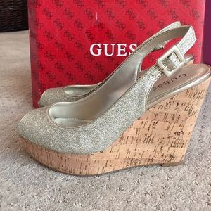 GUESS sparkly gold, peep toe wedges