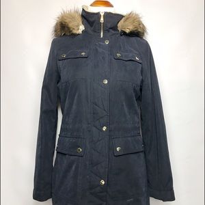Nautica Navy Blue Long Coat With Faux Fur Hood