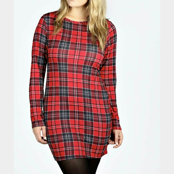 Boohoo plus Macie long sleeve tartan bodycon dress