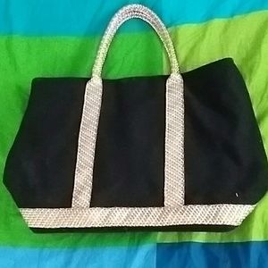 Woven handle three pocket file folio tote