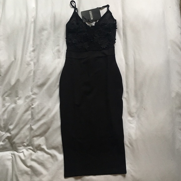 Embroidered Bust Detail Black Bodycon Dress