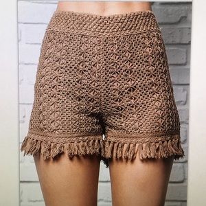 👓Mocha brown👓high waist frayed crochet shorts