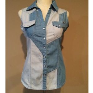 Buffalo Sleeveless Denim Patchwork Button Down Top