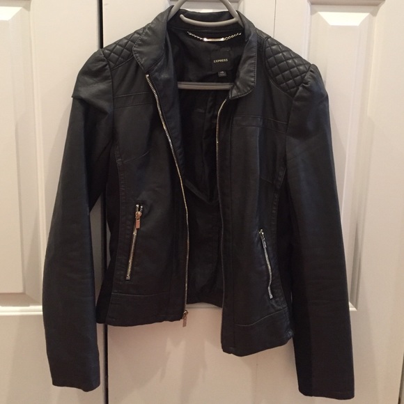 Black leather jacket with quilted shoulders