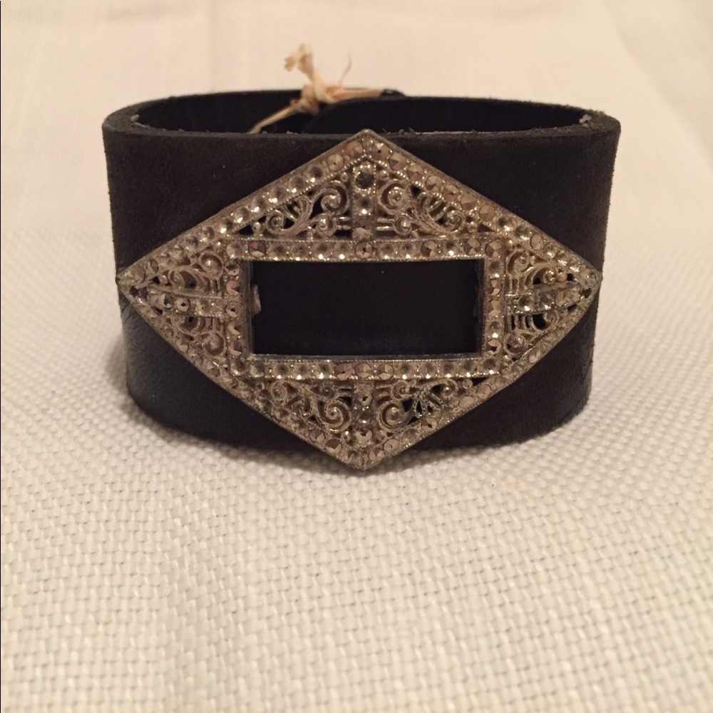 Leather and Vintage Brooch Cuff