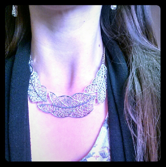 Hollow Leaf Silver Tone Statement Necklace