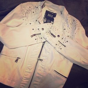 BKE White sequence leather jacket silver lining