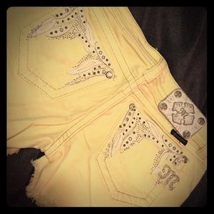 Buckle Miss Me yellow jean bedazzled shorts