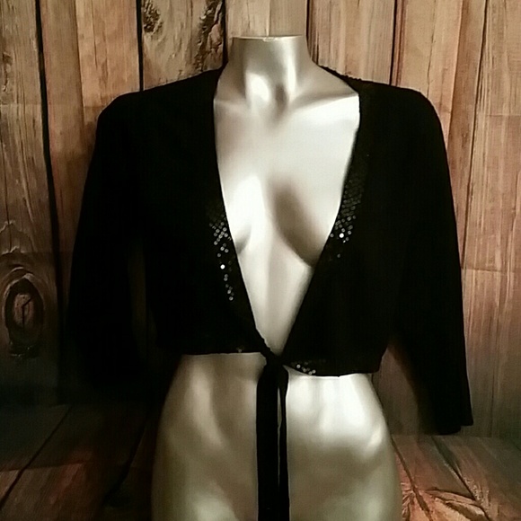 Black crop tie sweater bling trim medium