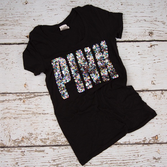PINK sparkle black crew neck T-shirt - Picture 1 of 2