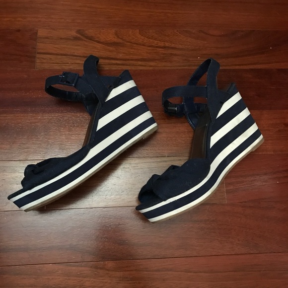 Striped Navy Strappy Wedge Sandals - Picture 1 of 3