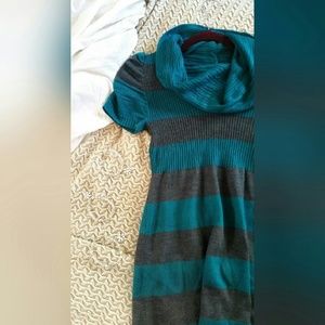 takeout Dresses - Teal and Grey Striped Sweater Dress takeout Dresses - Teal and Grey Striped Sweater Dress