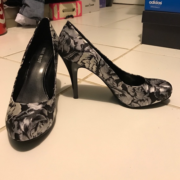 Black and silver floral heels