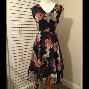 Navy floral print handkerchief hem dress, size 12
