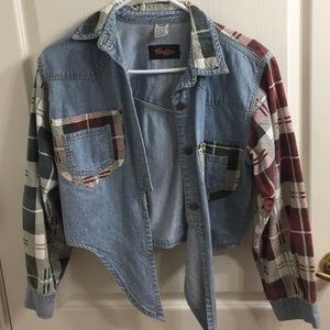 Vintage 1980s Jean Crop Top with Plaid Sleeves