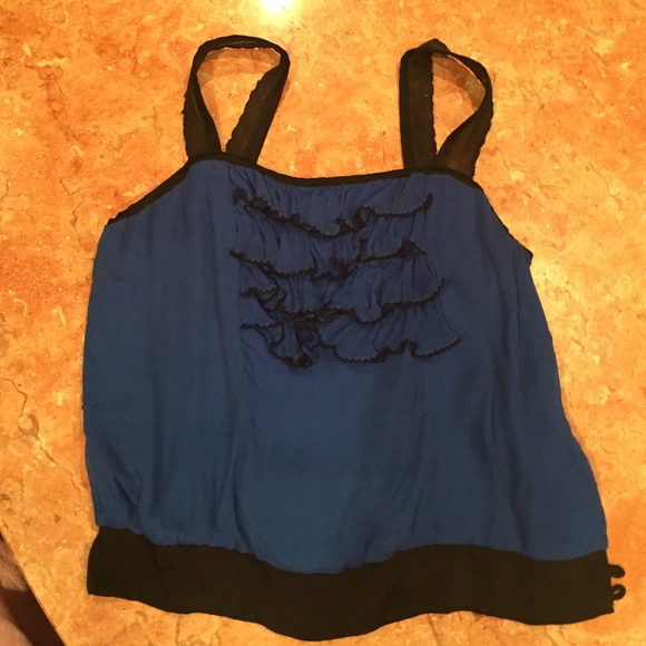 CHELSEA FLOWER 100% SILK blue RUFFLE BLOUSE